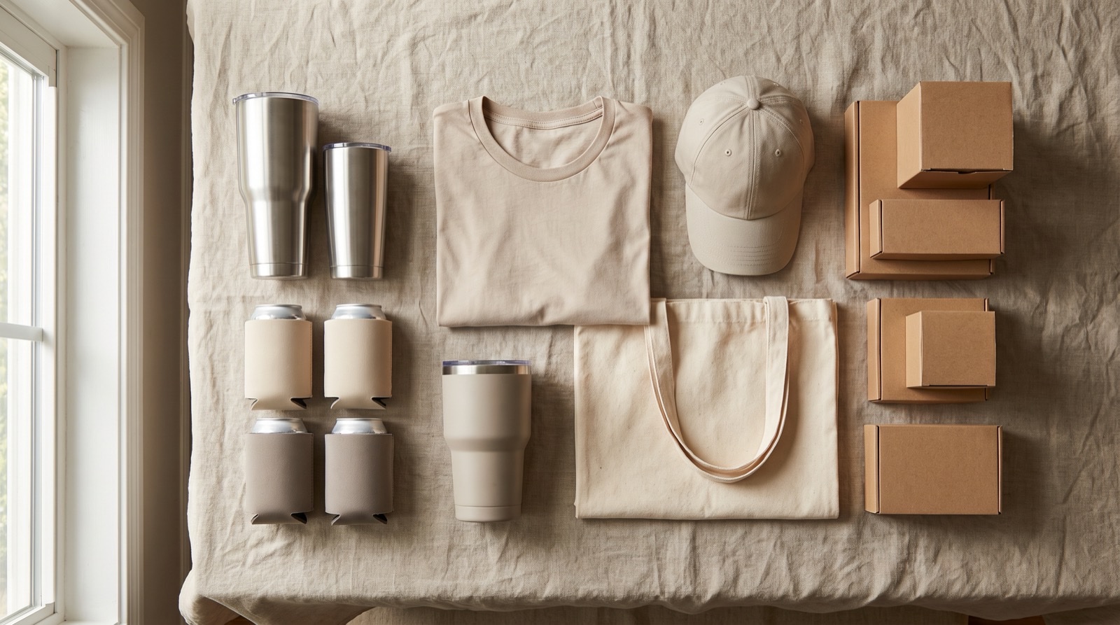 Unbranded blank products laid out on linen: stainless tumblers, can coolers, a folded t-shirt, a cap, a tote bag and small kraft boxes