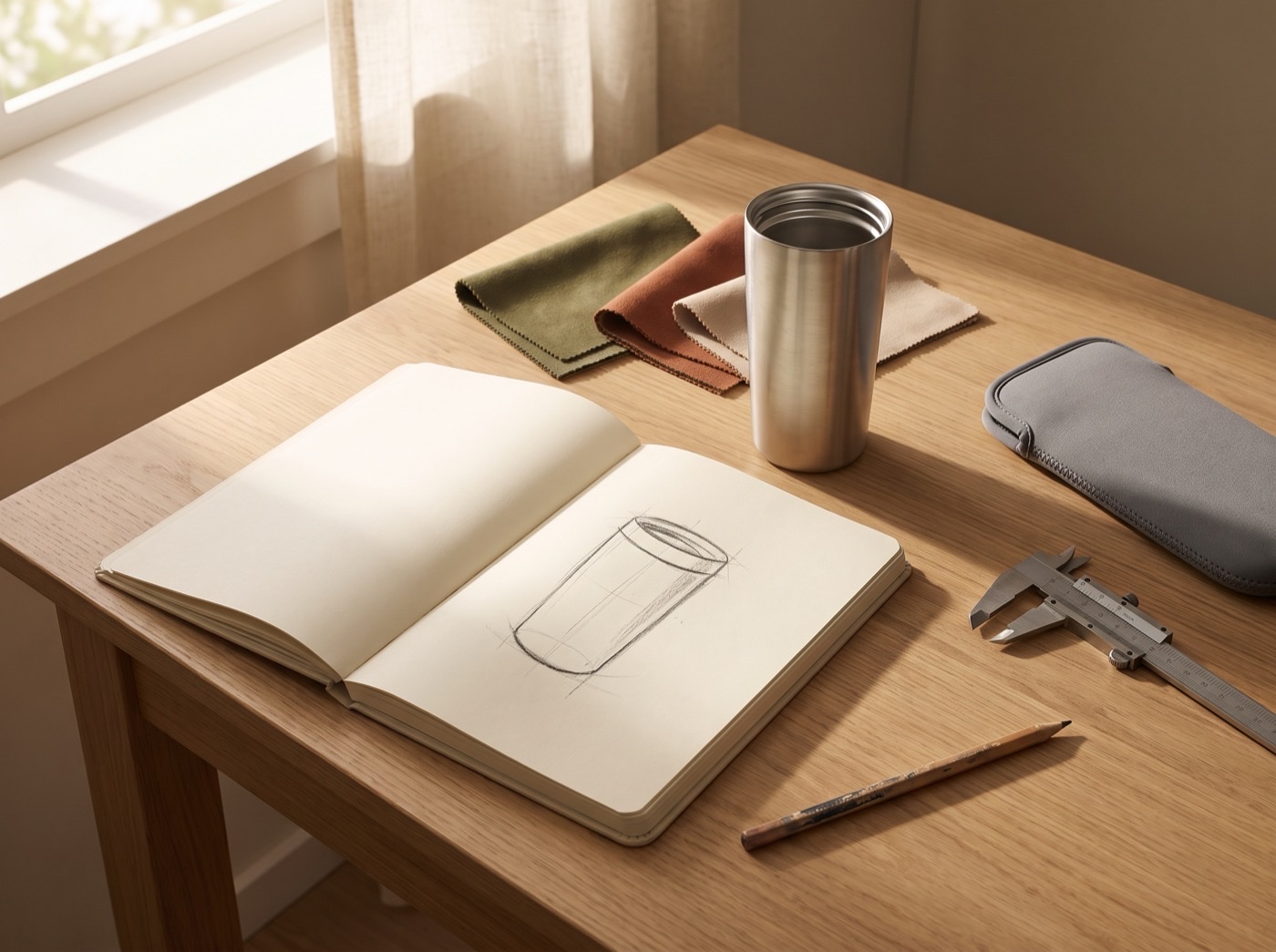A desk with an open notebook of rough product sketches, a stainless tumbler sample, fabric swatches and vernier calipers in warm window light