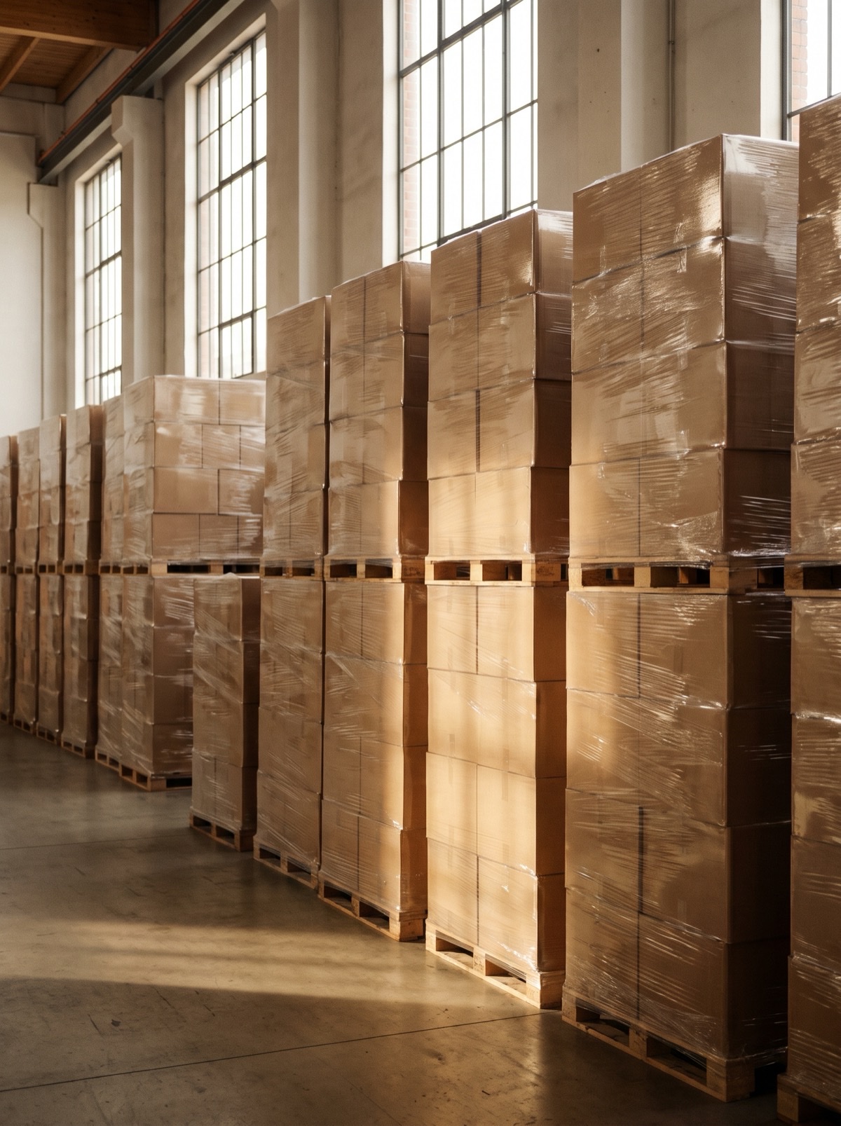 Shrink-wrapped pallets of plain cardboard cartons stacked in a tall warehouse aisle