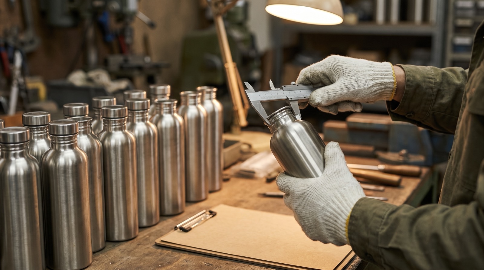 Gloved hands measuring an unbranded stainless steel bottle with vernier calipers on a factory workbench, a row of identical bottles beside
