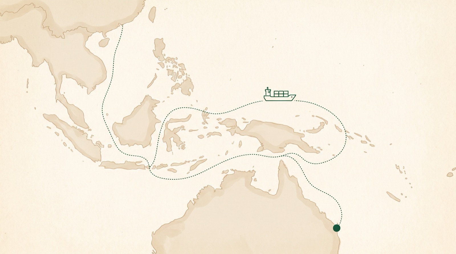 Illustrated map showing a dotted shipping route from southern China through Southeast Asia to the east coast of Australia