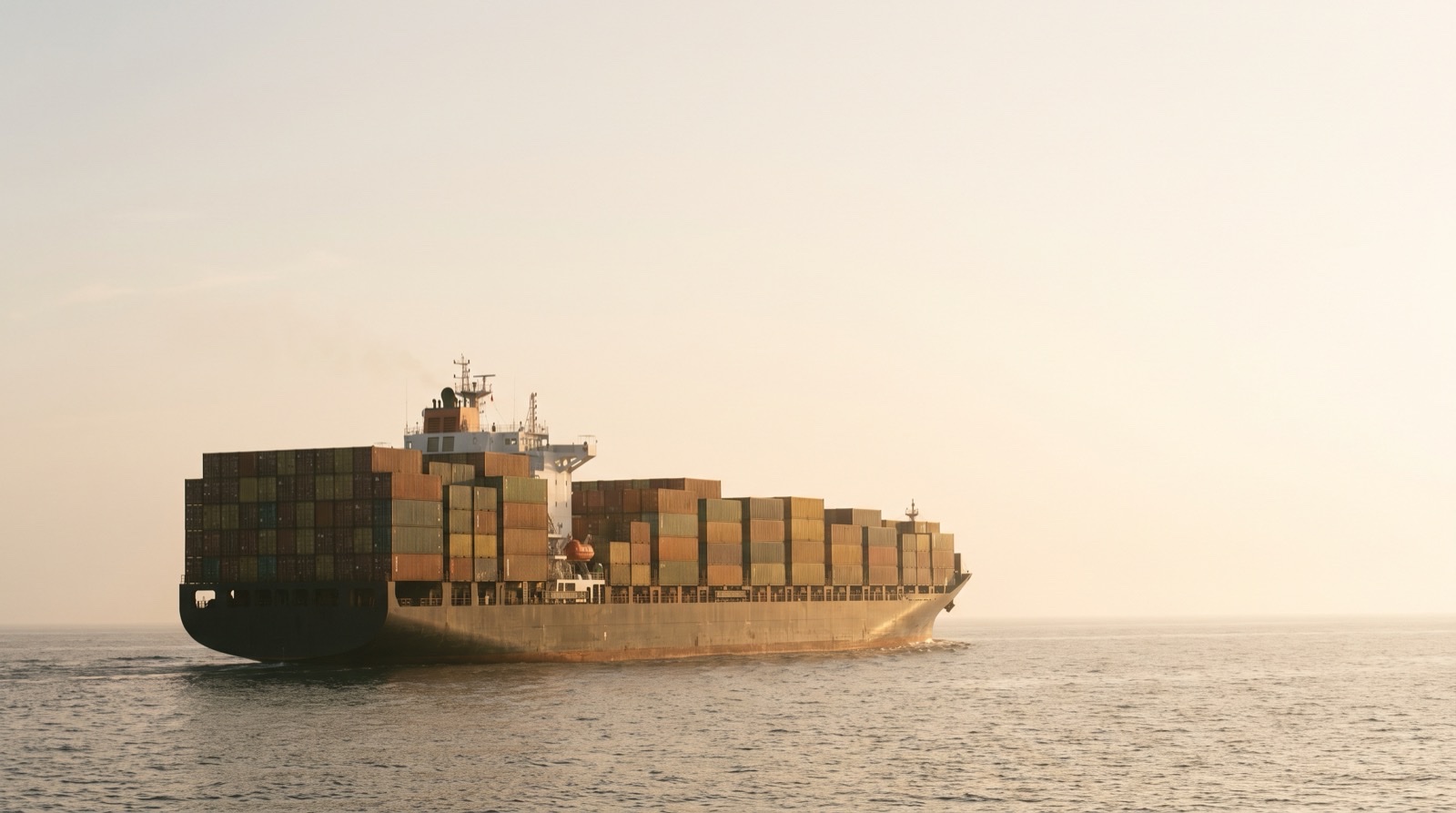A container ship loaded with shipping containers crossing calm open ocean at first light