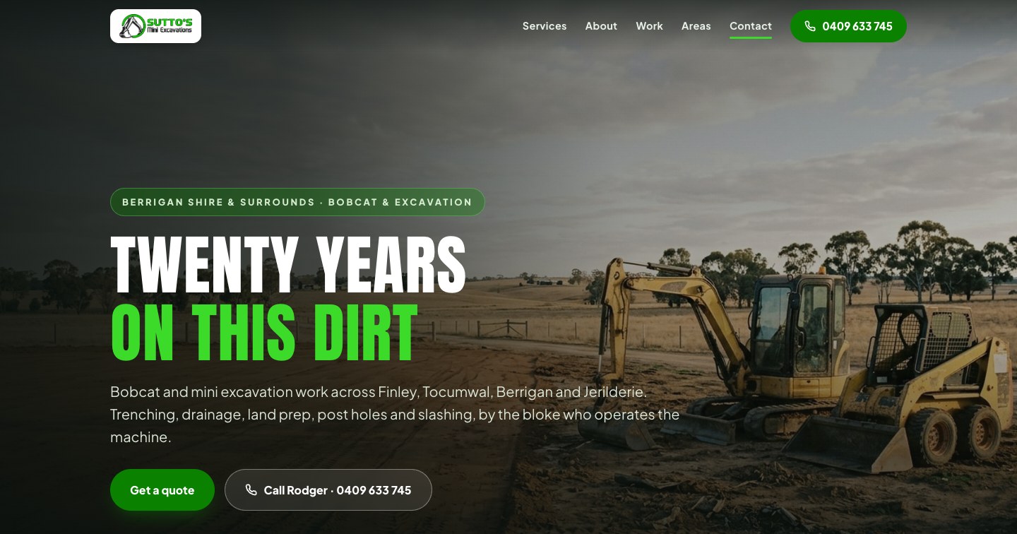 Sutto's Mini Excavations website draft, hero reading Twenty years on this dirt