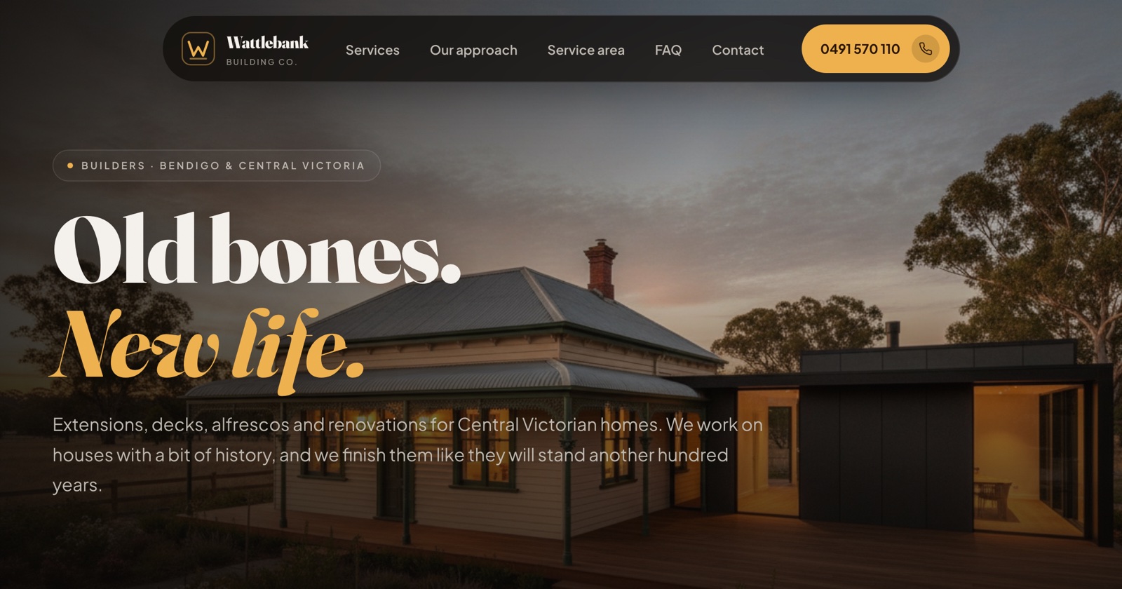 Wattlebank Building Co demonstration website, hero reading Old bones, New life